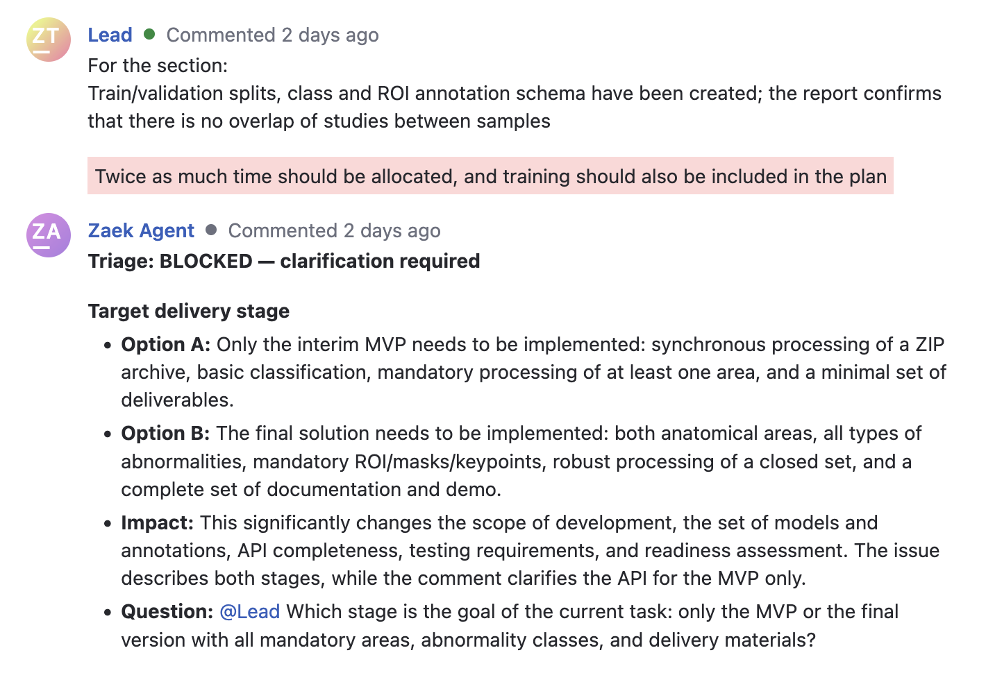 YouTrack: agent's comment with clarifying questions
