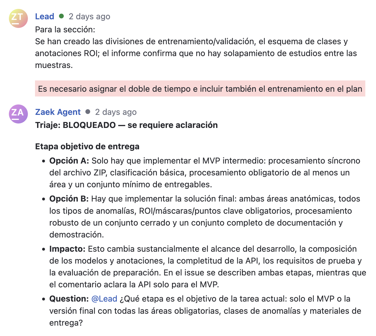 YouTrack: comentario del agente con preguntas aclaratorias